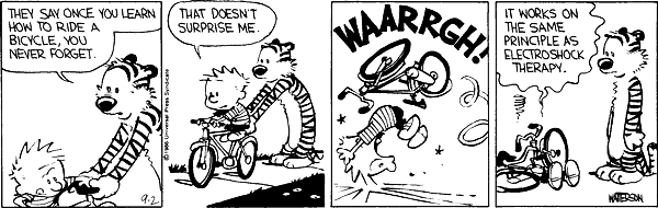 They say once you learn how to ride a bicycle, you never forget. That doesn't surprise me. Waarrgh! It works on the same principle as electroshock therapy.