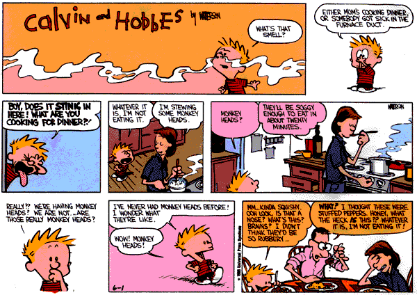 what's that smell either mom's cooking dinner or somebody got sick in the furnace duct boy does it stink in here what are you cooking for dinner whatever it is i'm not eating it i'm stewing some monkey heads they'll be soggy enough to eat in about twenty 20 minutes really we're having we are not are those i've never had before i wonder what they're like wow mm kinda squishy ohh look is that a nose what's this brains i didn't think they'd be so rubbery what i thought these were stuffed peppers honey what the heck is this whatever it is i'm not eating it