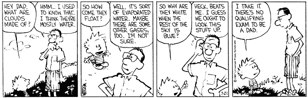 Hey Dad, what are clouds made of? Hmm ... I used to know that. I think they're mostly water. So how come they float? Well, it's sort of evaporated water, maybe there are some other gases, too. I'm not sure. So why are they white when the rest of the sky is blue? Heck, beats me. I guess we ought to look this stuff up. I take it there's no qualifying exam to be a Dad.